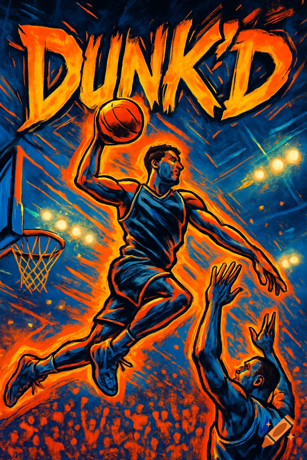 An orange and blue illustration of a basketball player dunking a ball, with another player defending. The word DUNK'D is at the top.