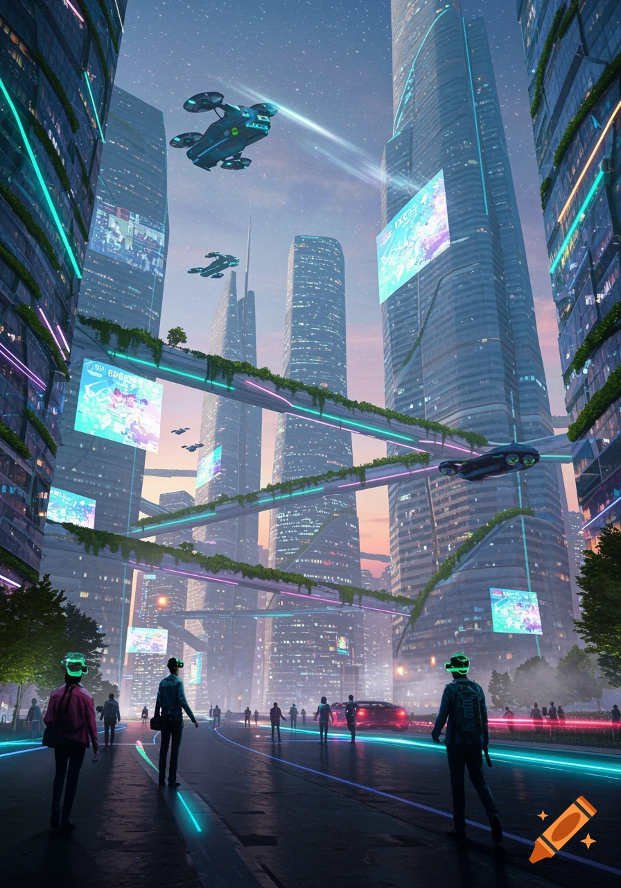 A vibrant futuristic city street at dusk, with tall skyscrapers, flying vehicles, and people walking on a neon-lit street, some wearing glowing VR headsets.