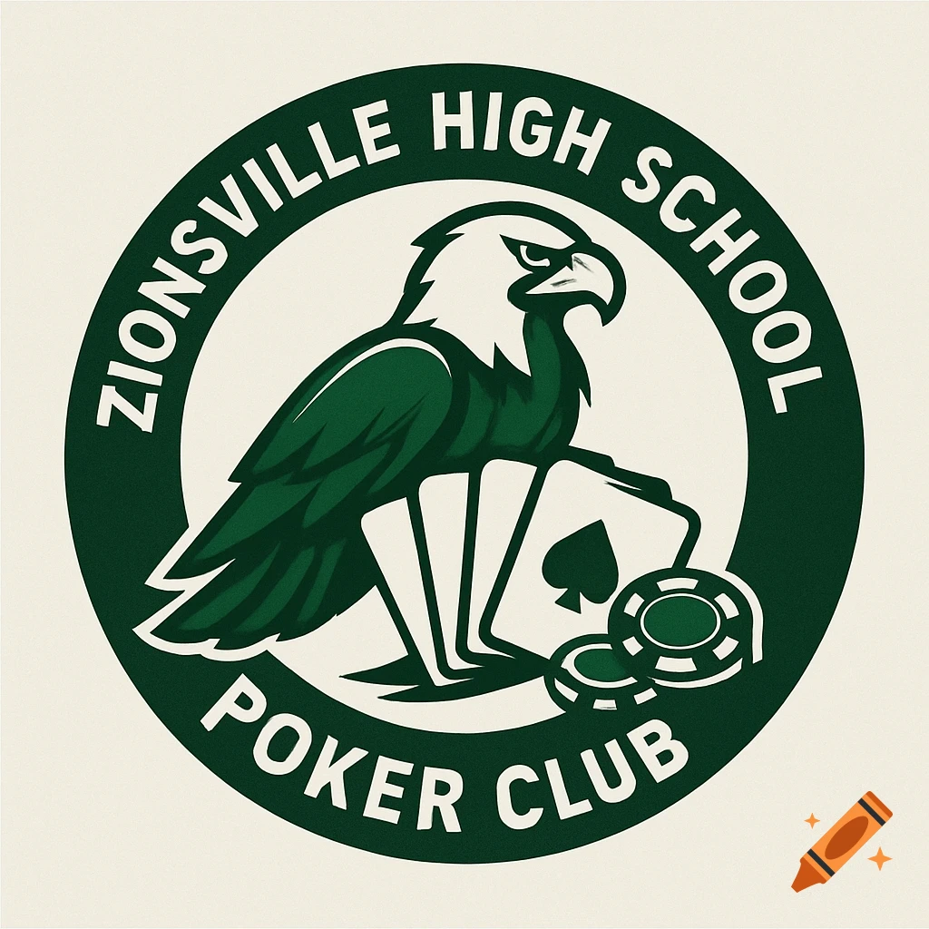 A green and white circular logo featuring an eagle, playing cards, and poker chips with the text "Zionsville High School Poker Club" around the edge.