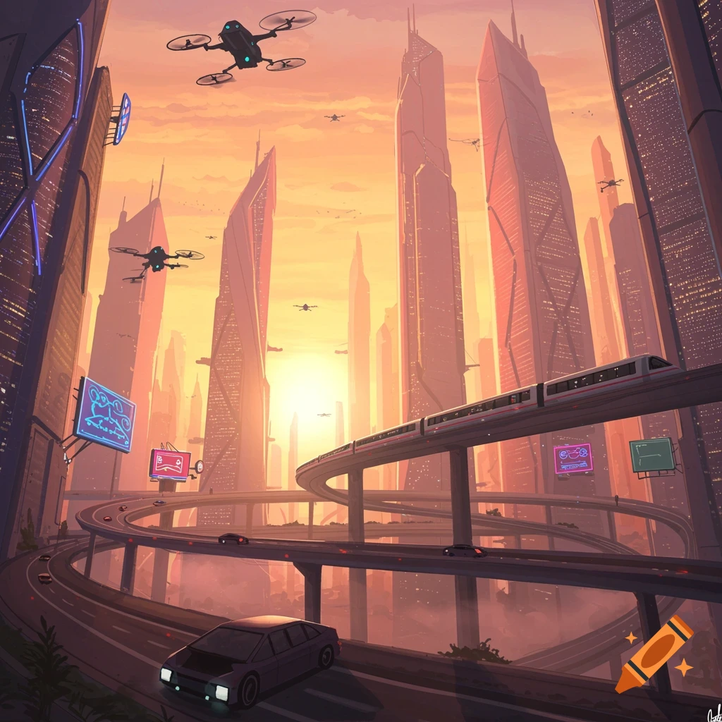 A vibrant futuristic cityscape at sunset with towering skyscrapers, elevated highways, a bullet train, cars, and flying drones.