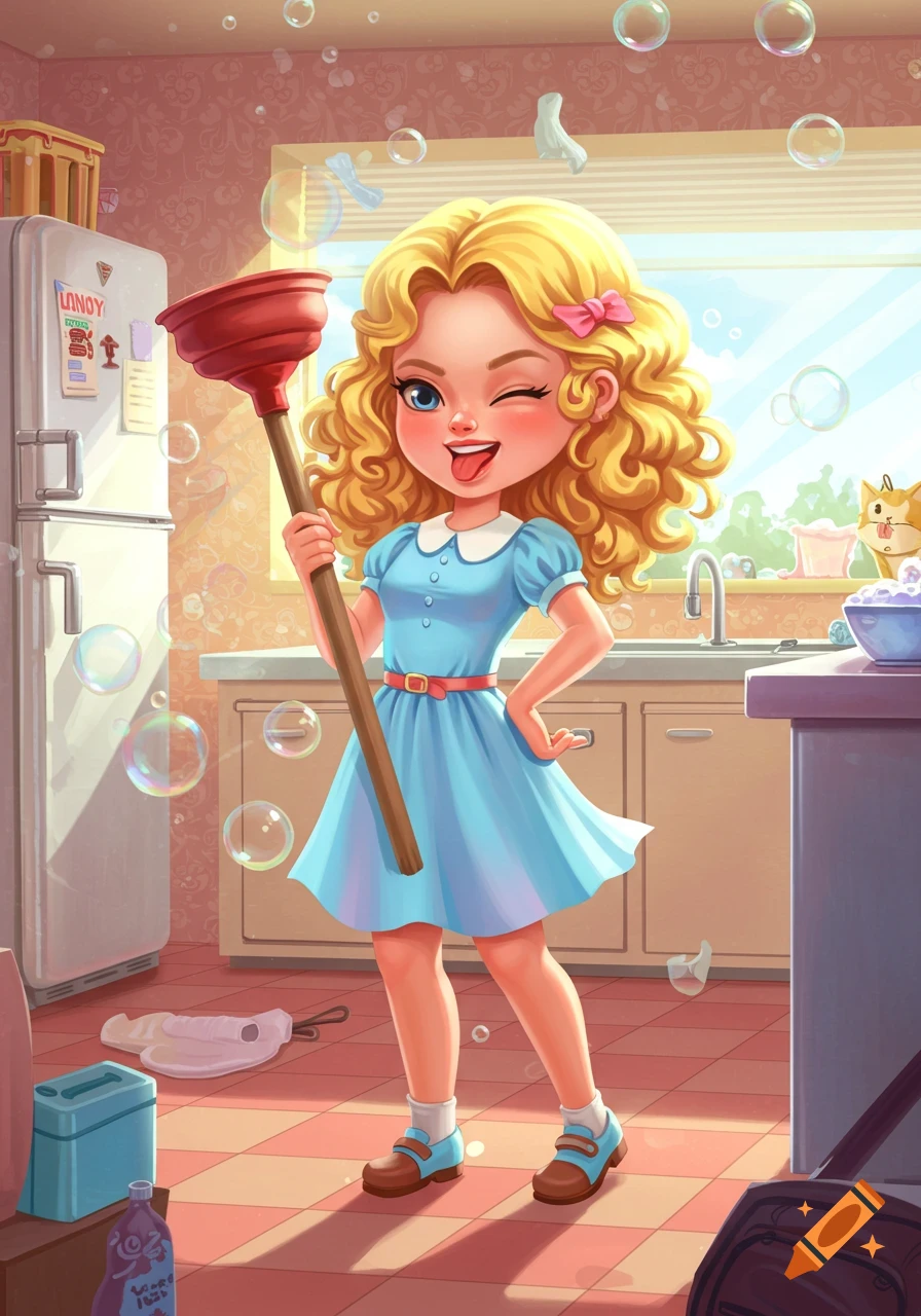 Cute cartoon blonde girl winks and sticks out her tongue while holding a plunger in a bubbly kitchen.