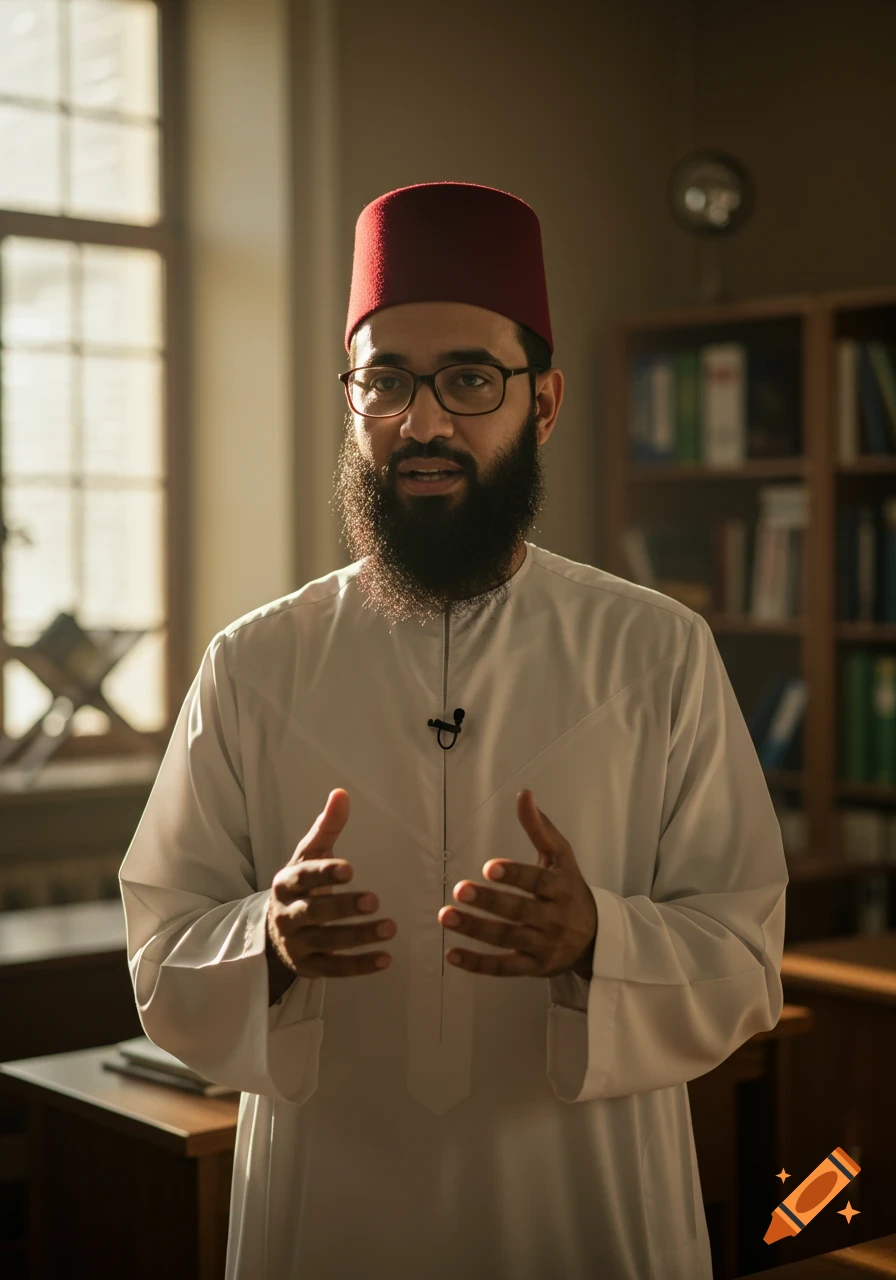 A bearded Muslim scholar in a white thobe and red fez cap speaks in a sunlit classroom, gesturing with his hands.
