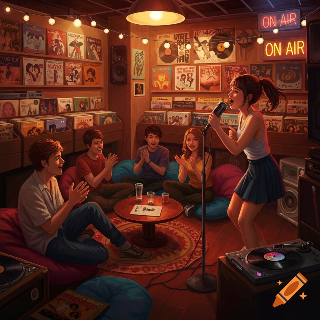 A group of friends enjoys karaoke in a cozy, dimly lit record store, depicted in a painterly style.