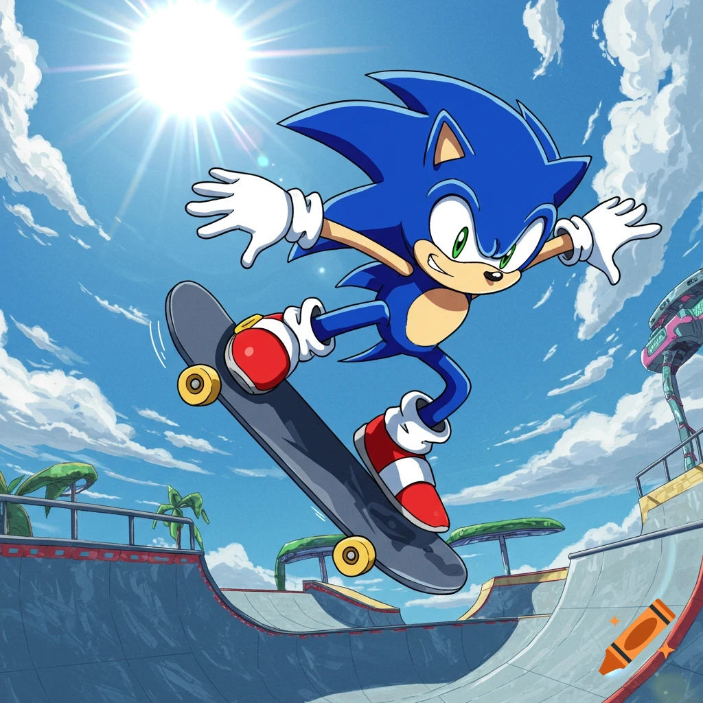 Sonic the Hedgehog on a skateboard in mid-air at a sunny skatepark, in an anime style.