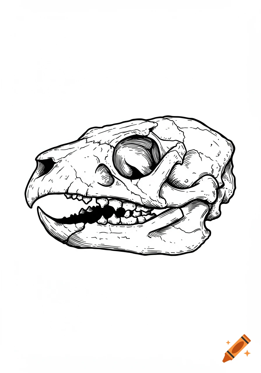 A black and white line drawing of a snapping turtle skull.
