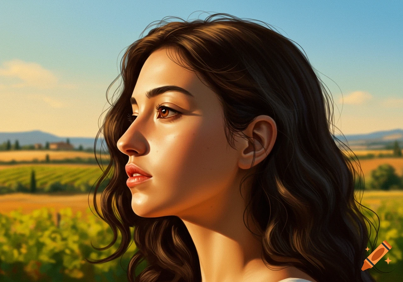 A profile portrait of a woman with dark wavy hair looking out over a sunlit vineyard.