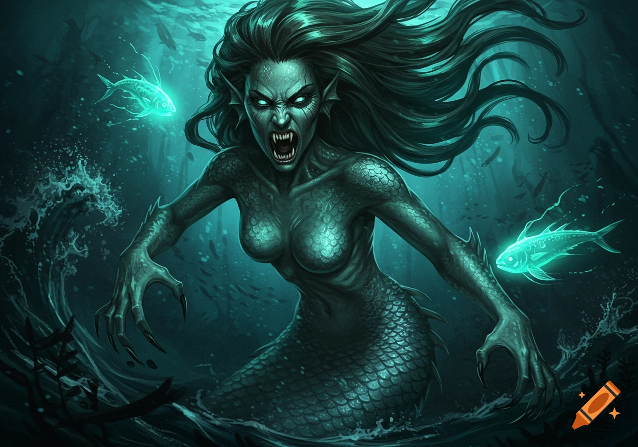 A menacing, green-scaled mermaid with sharp teeth and glowing eyes emerges from murky dark water, surrounded by ethereal glowing fish.
