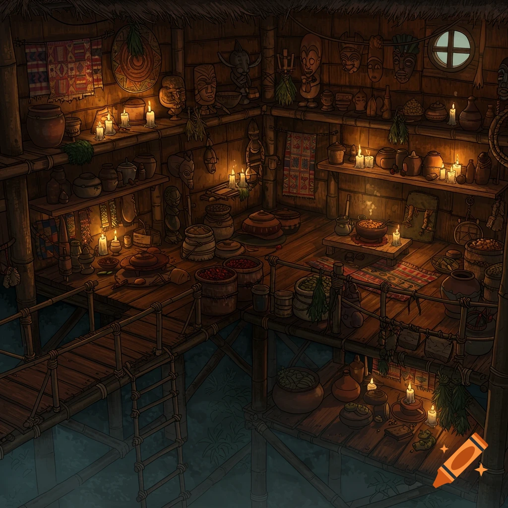 A warmly lit, cluttered wooden interior of a fantasy stilt house, filled with tribal masks, pottery, and various items.