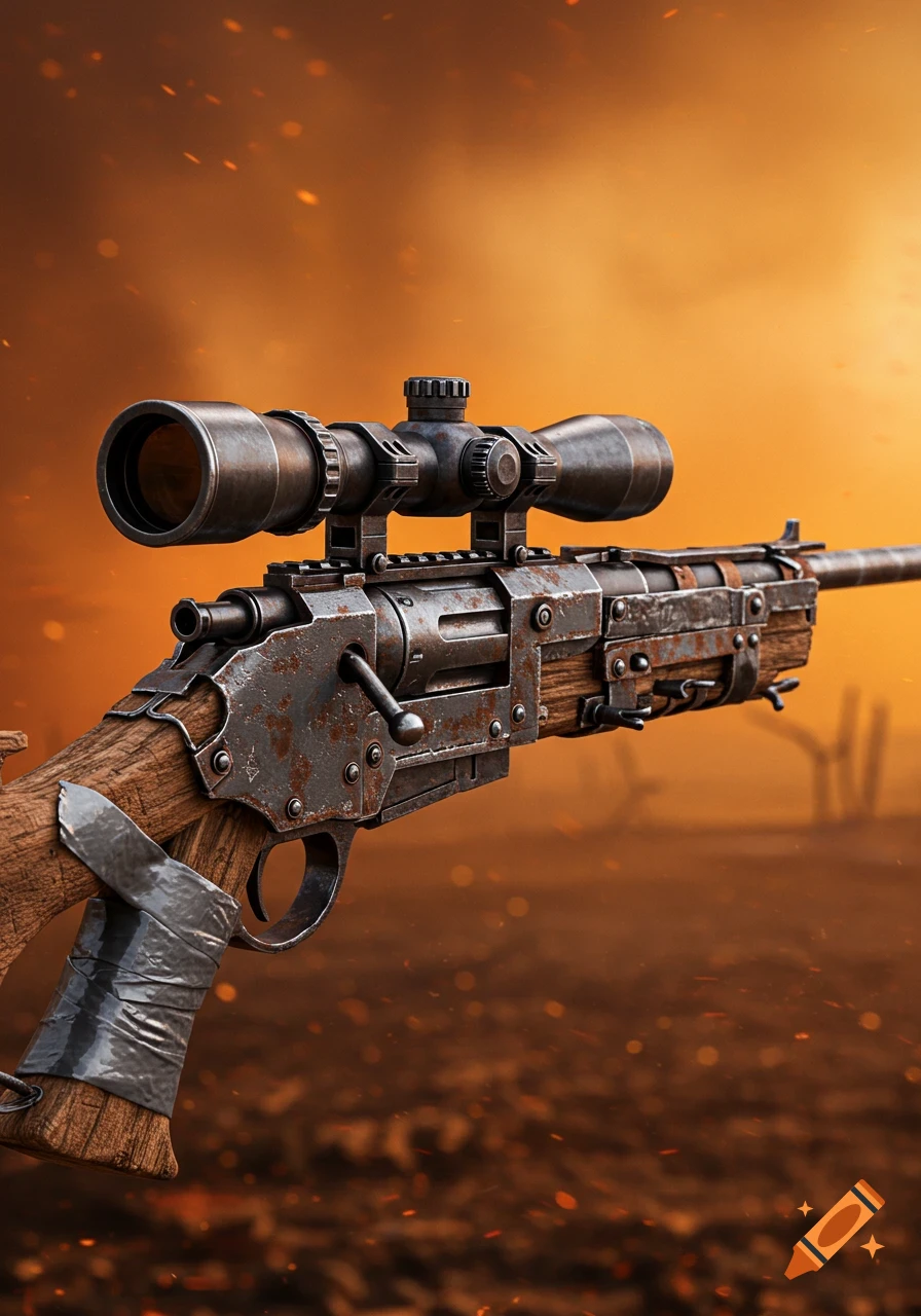 A close-up shot of a rusty, post-apocalyptic hunting rifle with a scope, made from scavenged metal and wood, against an orange, dusty background.