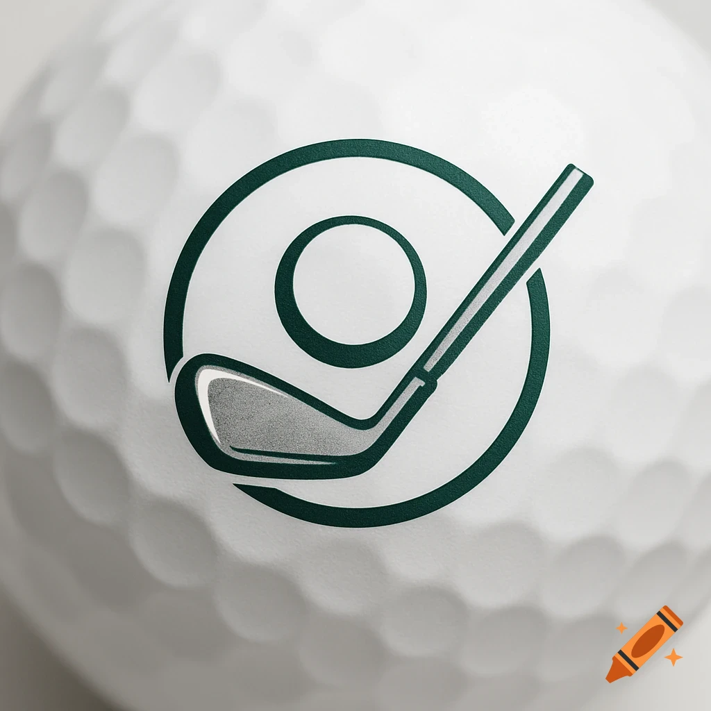 A close-up, photorealistic image of a white golf ball with a dark green logo of a golf club and a ball inside a circle printed on its surface.