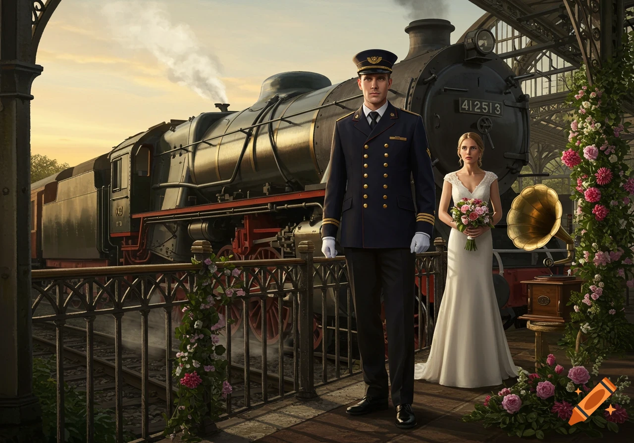 A man in a conductor's uniform and a woman in a wedding dress stand on a train platform next to a large train at sunset.