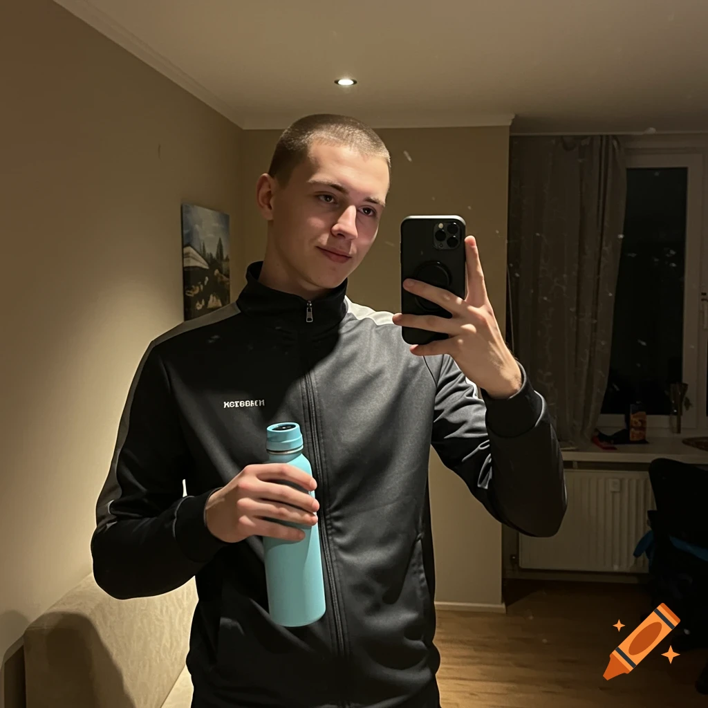 Young man in a dark tracksuit taking a selfie in a mirror, holding a light blue water bottle in a room at night.