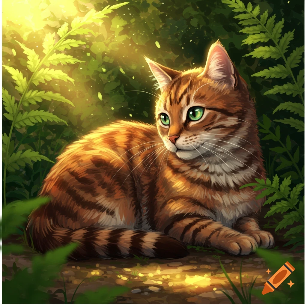 A stylized orange tabby cat with green eyes lies in a sunlit forest with ferns.