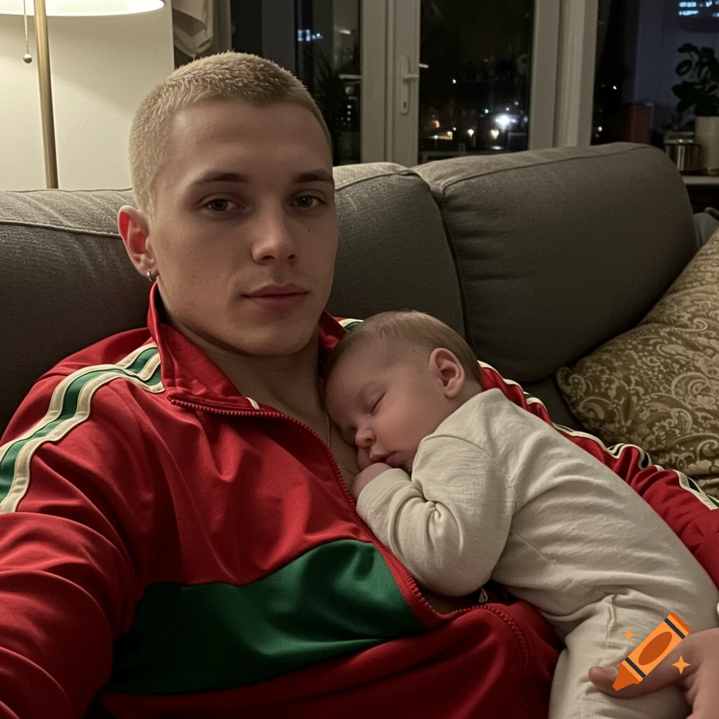 A man with a blonde buzzcut sits on a couch, holding a sleeping baby dressed in a onesie on his chest.
