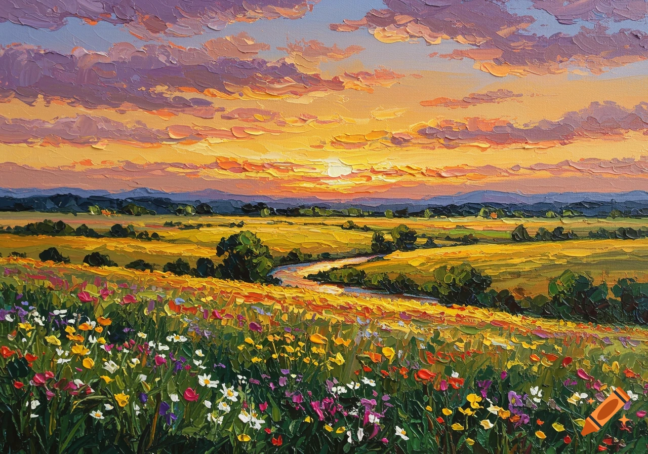 Vibrant impasto painting of a sunset landscape with colorful wildflowers, winding river, and distant mountains under a dramatic sky.