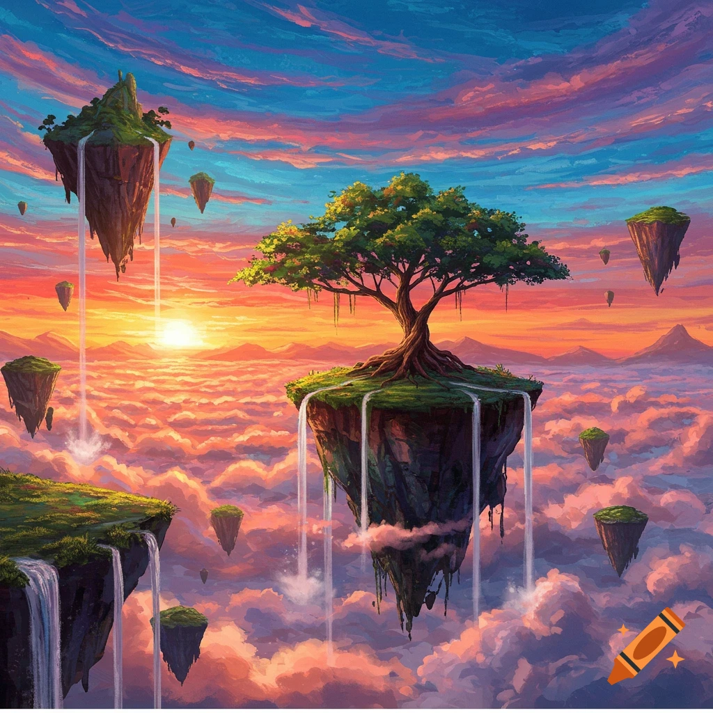 A vibrant painting of floating islands with waterfalls above a sea of clouds, illuminated by a brilliant sunset.