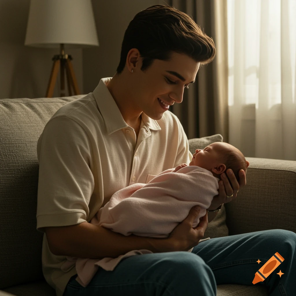A smiling young man sits on a couch, gently holding a swaddled baby in his arms, bathed in warm light from a window.