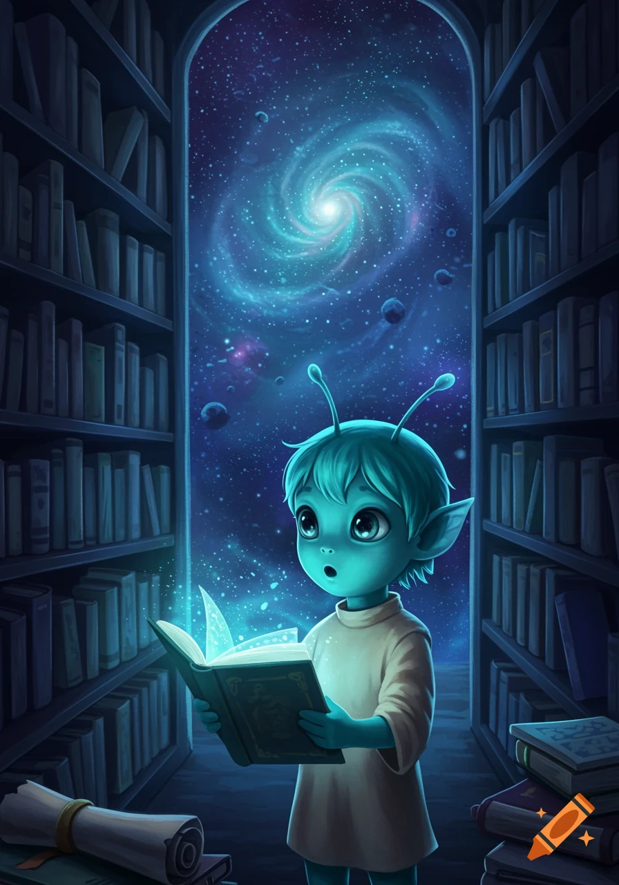 A cute teal alien child with antennae reads a glowing book in a dark library that opens into a swirling blue galaxy.