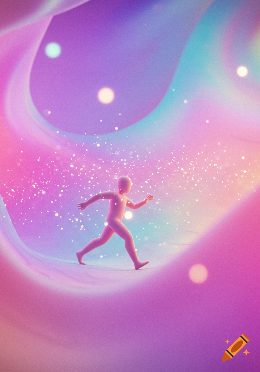 A smooth, light pink humanoid figure runs through a vibrant, wavy landscape of purple, pink, and blue, with sparkling white particles.
