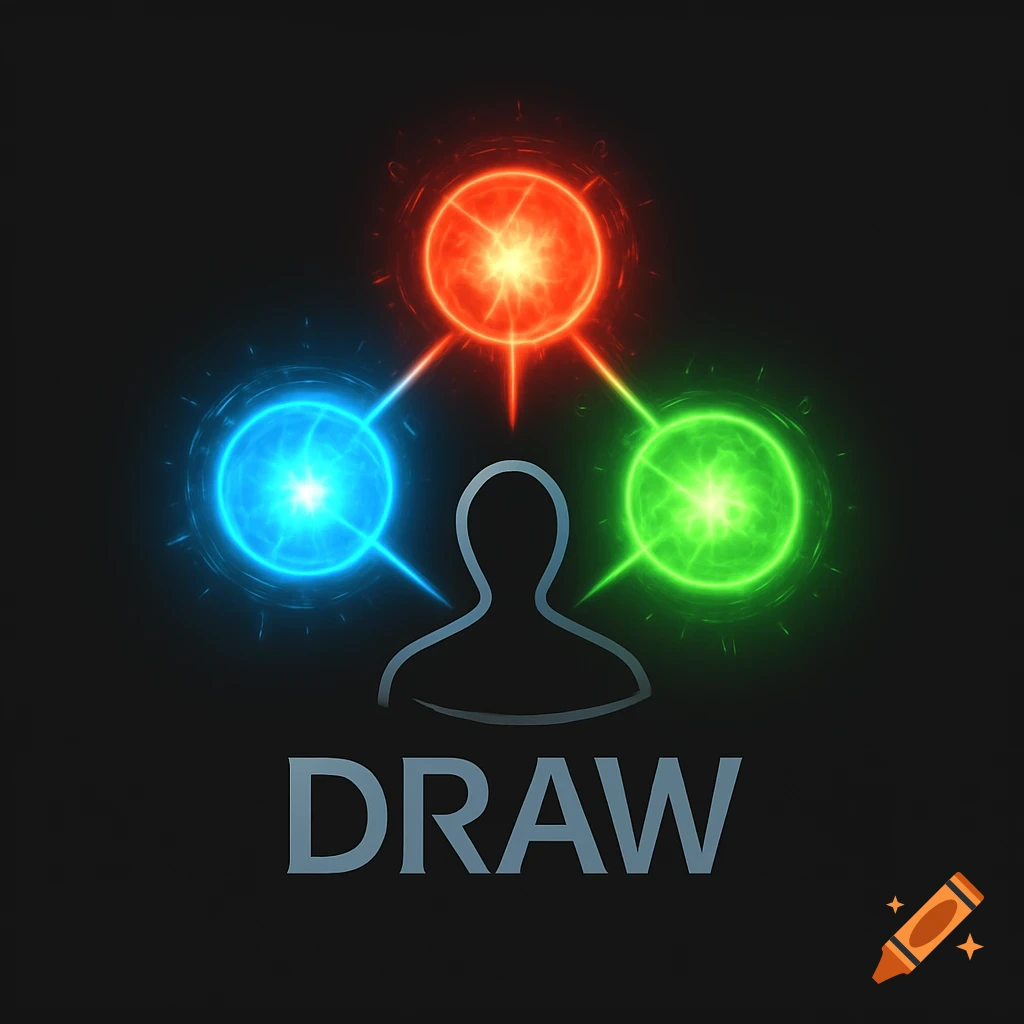 A stylized logo features a silhouette of a person with glowing red, blue, and green energy balls converging towards them. The word "DRAW" is below.