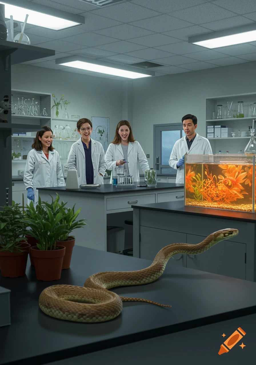 Four scientists in lab coats in a laboratory, looking at a large snake on a table in front of them with a goldfish tank. Photorealistic.