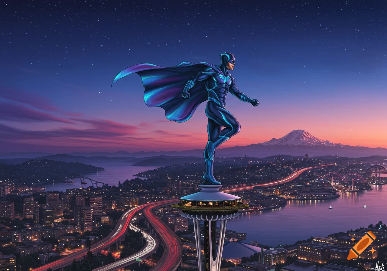 A superhero in a blue suit and flowing cape stands atop the Seattle Space Needle, overlooking the city and Mount Rainier at sunset.
