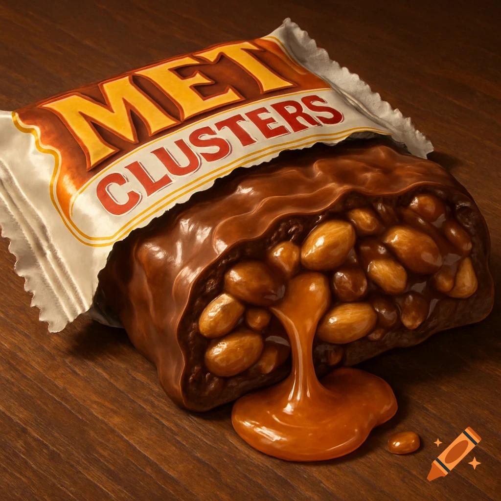Photorealistic image of an open Met Clusters candy bar with nuts and caramel oozing out onto a wooden surface.