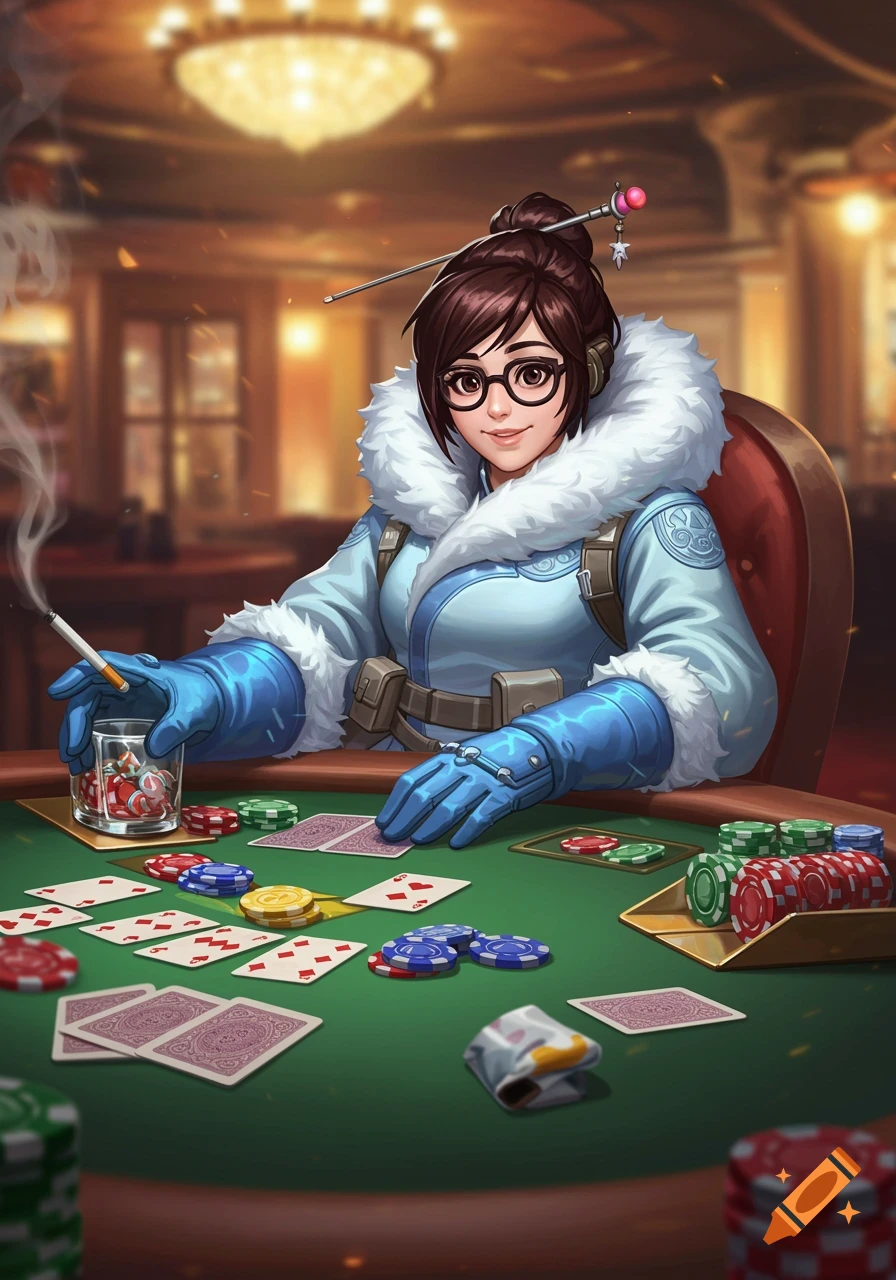 Anime-style illustration of Overwatch character Mei playing poker at a table in a luxurious room, smoking a cigarette.
