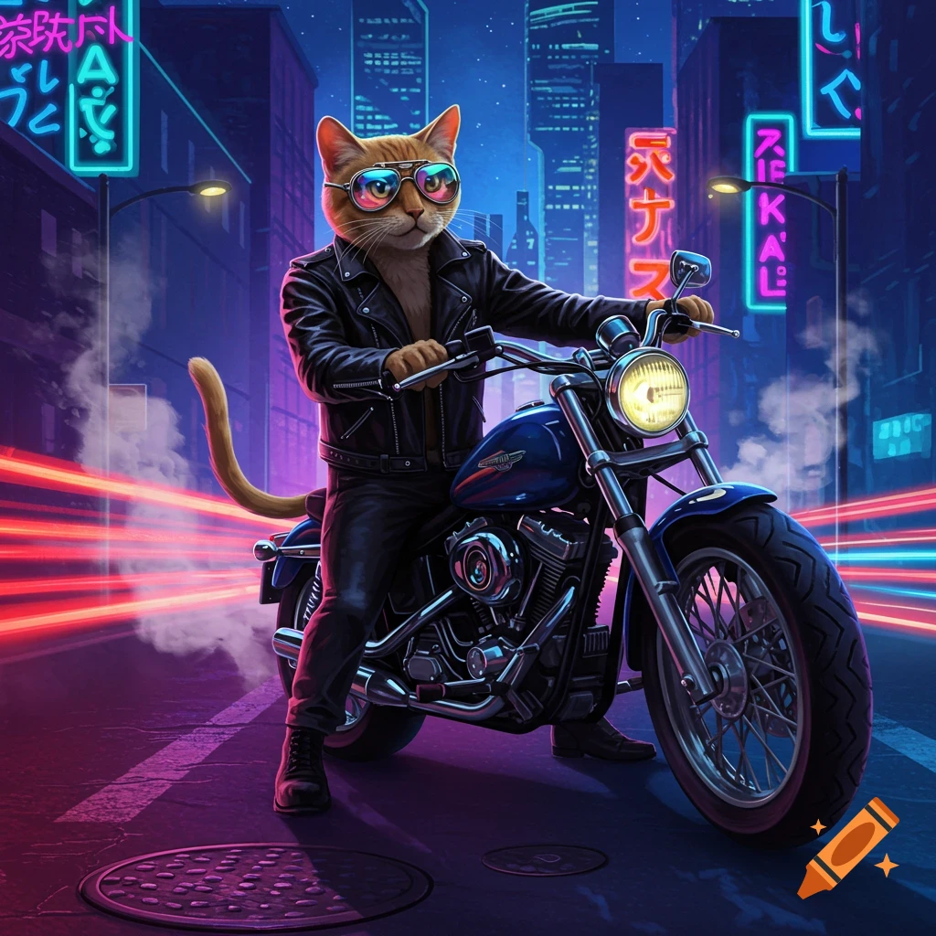 A cool cat wearing sunglasses and a leather jacket rides a motorcycle through a neon-lit cyberpunk city street.