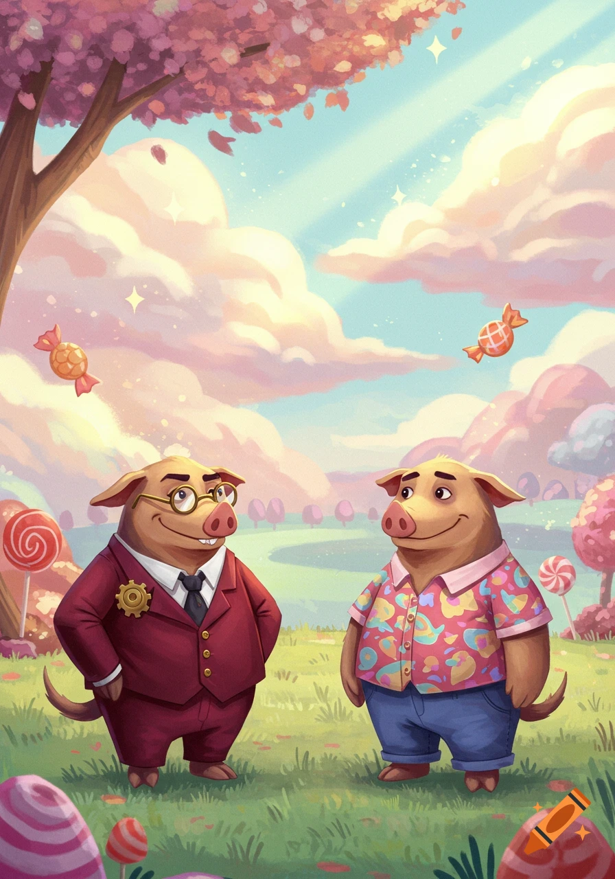 Two anthropomorphic pigs, one in a suit and one in a patterned shirt, smile in a whimsical candy landscape with a pink tree and pastel sky.