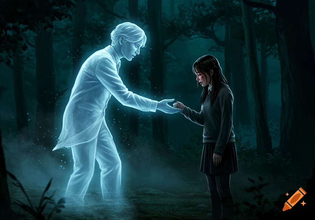 A glowing male ghost in a suit reaches out to a somber young woman in a dark, misty forest, digital art.