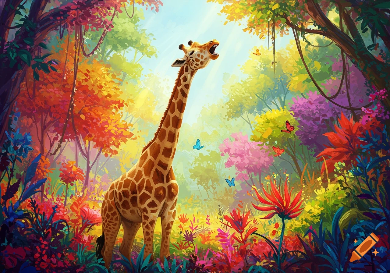 A tall giraffe with an open mouth stands in a vibrant, colorful jungle with bright flowers and trees under a clear sky.