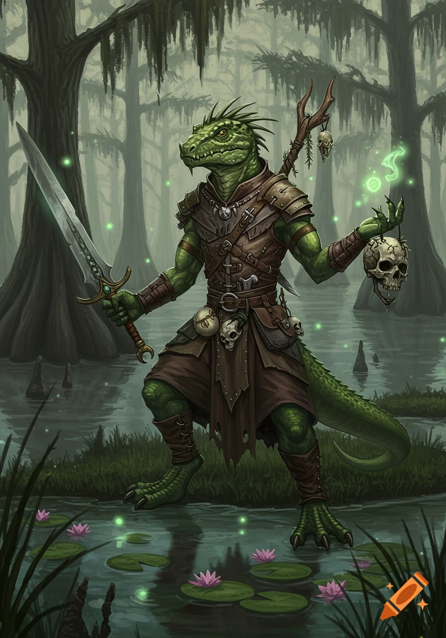 A green lizardfolk warrior with a sword and skull stands in a misty swamp with cypress trees and lily pads.