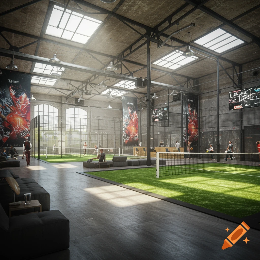 Photorealistic image of a spacious indoor padel tennis club in a renovated warehouse with multiple courts, people playing, and lounge areas.