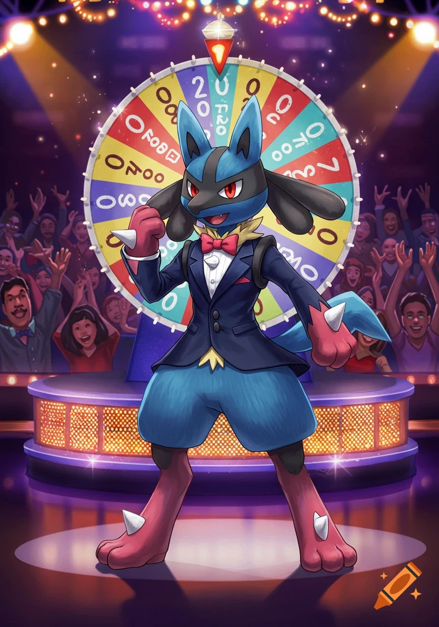 A Mega Lucario in a tuxedo spins a colorful prize wheel on a game show stage with a cheering audience.