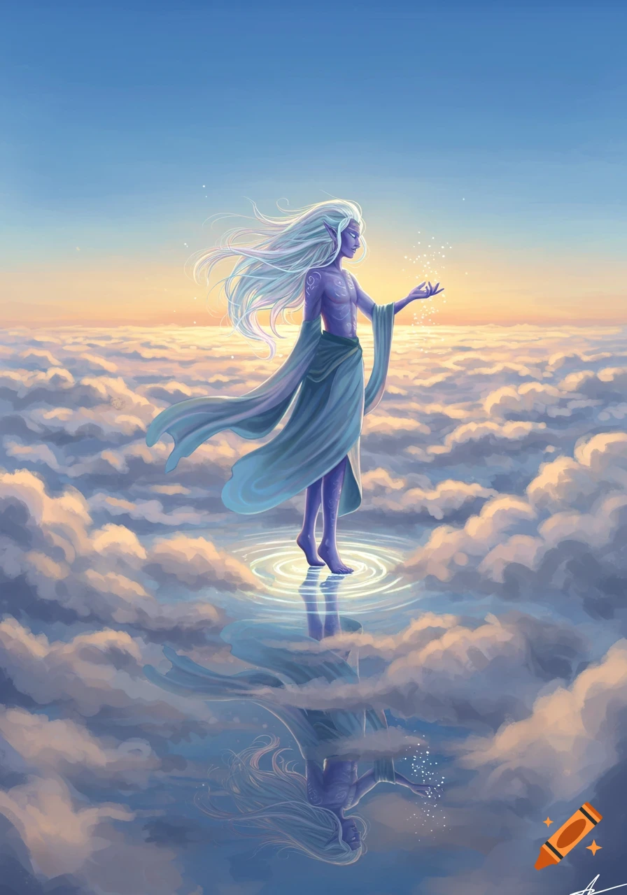 A lavender-skinned, white-haired fantasy figure stands on a reflective pool above clouds, casting light into the sky at sunset.