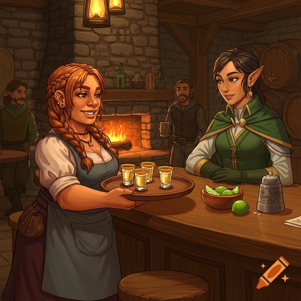 A female dwarf barmaid with braided auburn hair holds a tray of four shot glasses for a female elf patron in green clothes at a rustic tavern bar.