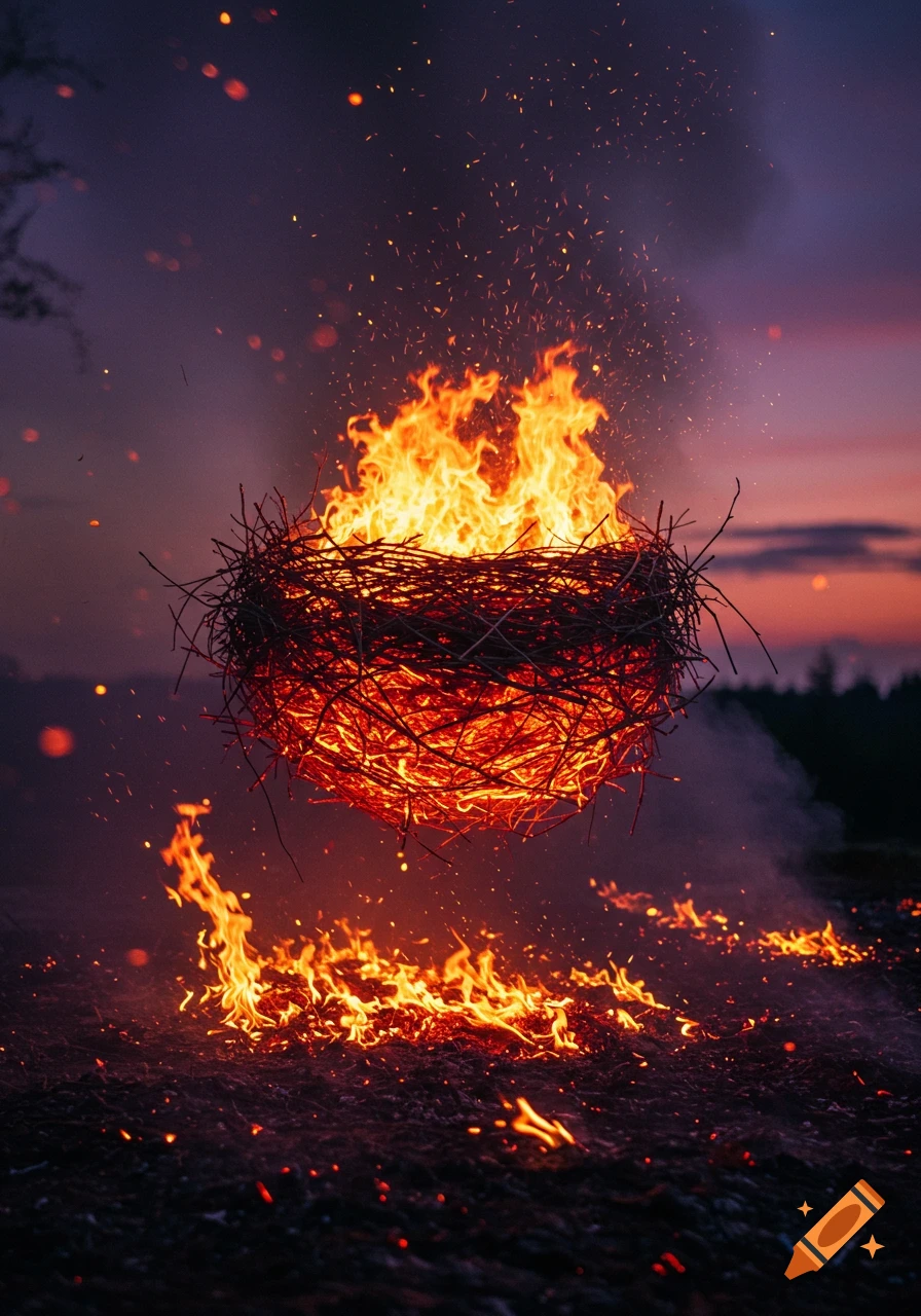 A burning nest of branches floats above ground fire and embers at dusk, under a purple and orange sky.
