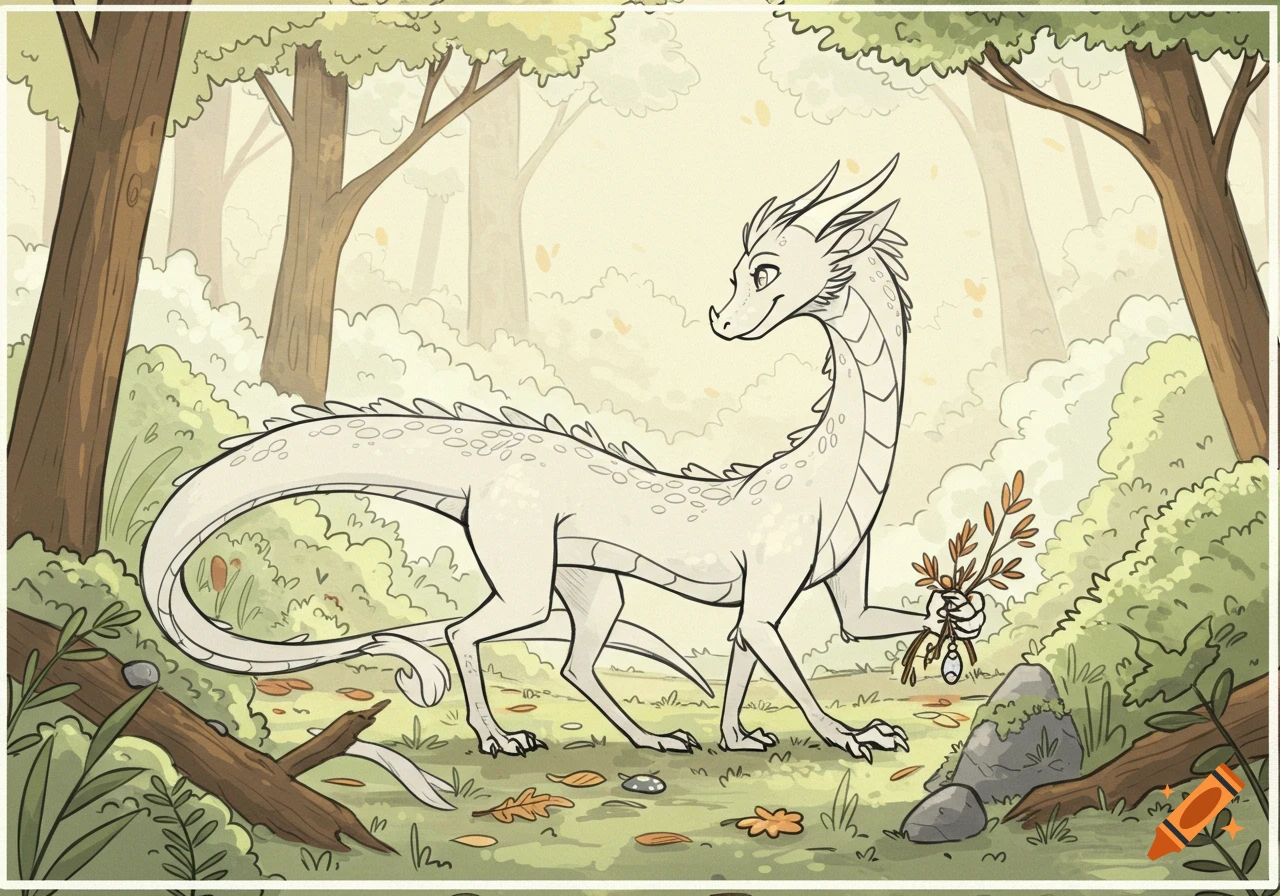 A slender white dragon stands in a forest, holding a branch. Cartoonish line art in a Neopets style.