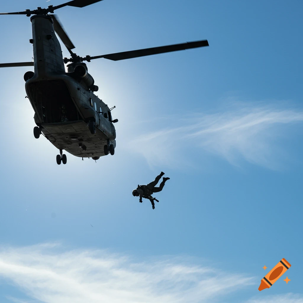 A silhouette of a person falling from a large military helicopter against a bright blue sky.