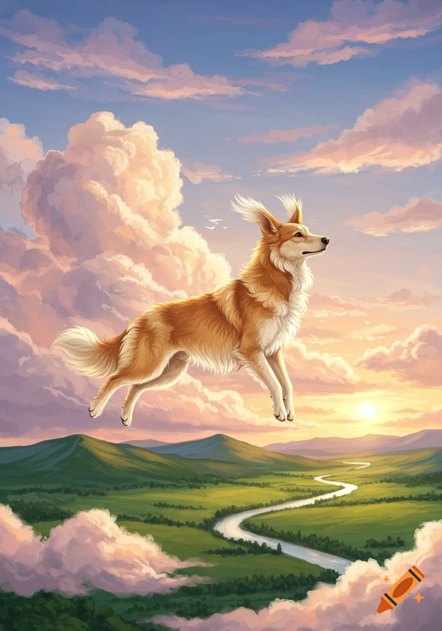 An illustrated golden-furred dog flies gracefully through a cloudy sky above a green landscape and winding river at sunset.