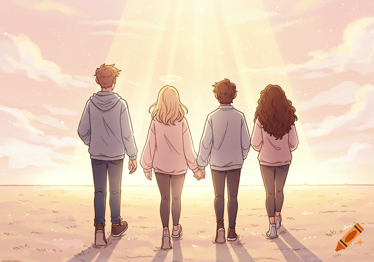 Four teenagers walk hand-in-hand towards a bright light in the sky, depicted in a peaceful, cartoony illustration.