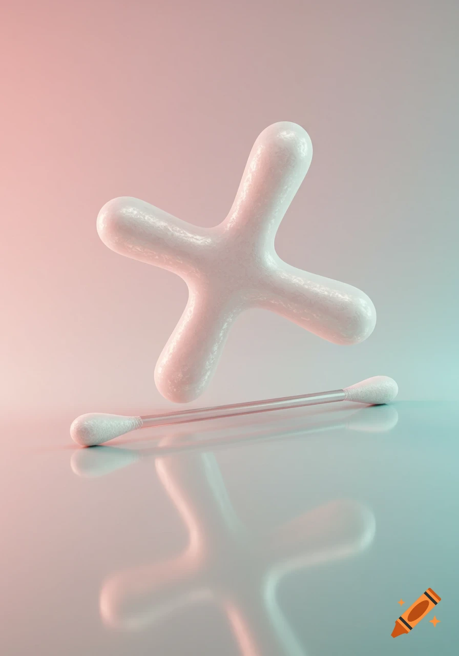 A white, rounded, four-pronged abstract shape floats above a Q-tip on a reflective surface with a pink and teal gradient background.
