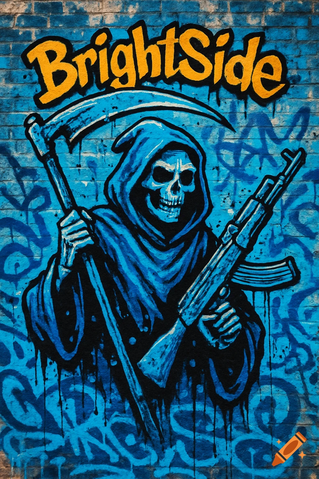 Graffiti art of a blue reaper figure holding a scythe and an AK-47 on a blue brick wall with "BrightSide" at the top.