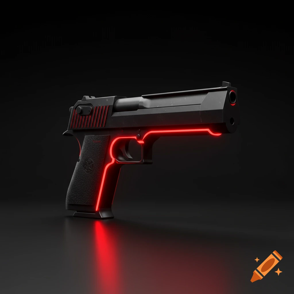 A black Desert Eagle handgun with a vibrant red neon outline, glowing against a dark background.