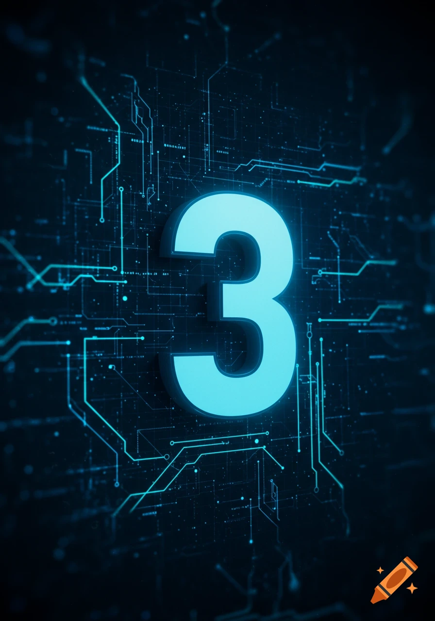 A large, glowing blue number 3 set against a dark background of intricate blue technological circuit patterns.