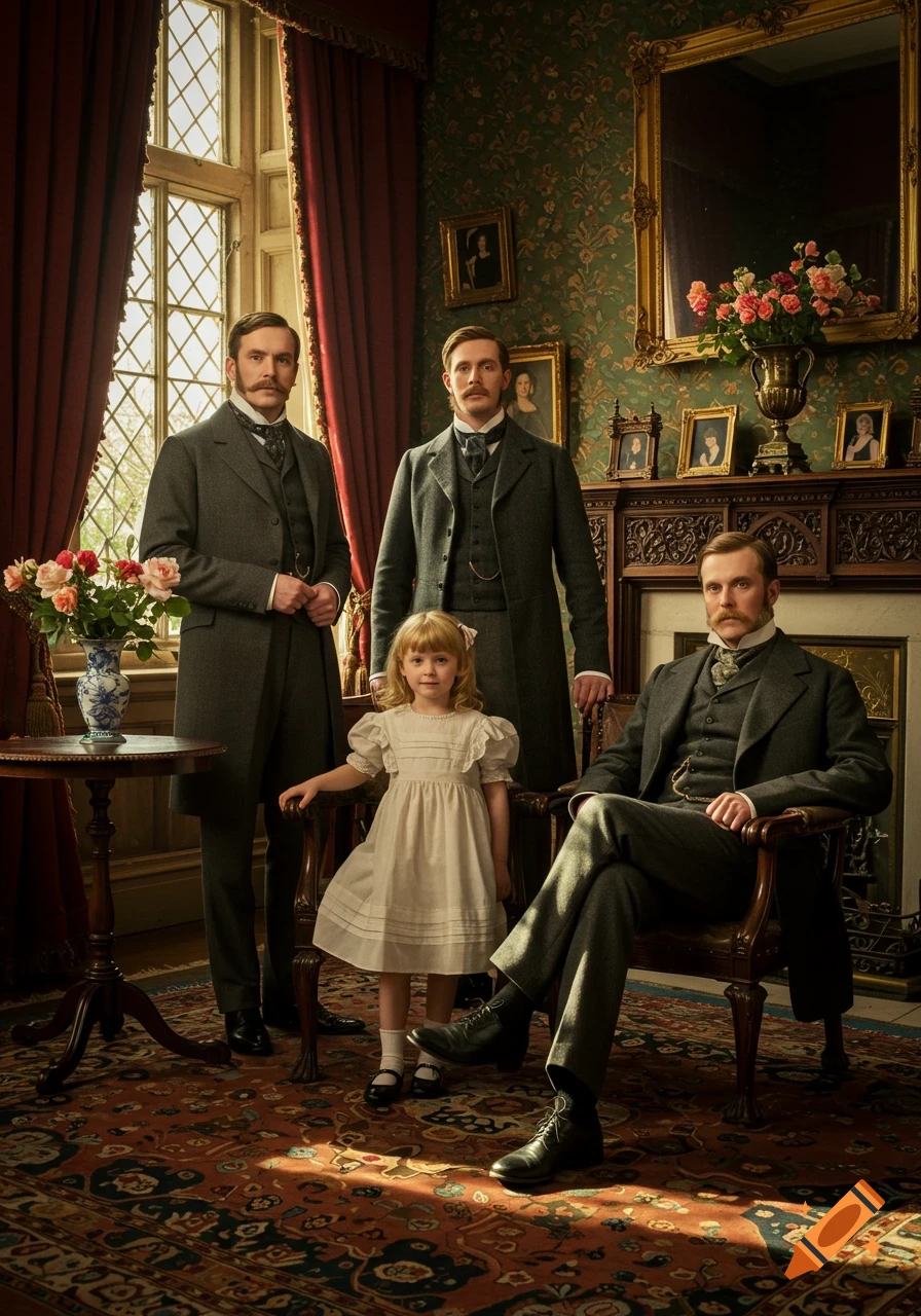 A photorealistic portrait of three men and a young girl dressed in Victorian-era attire, posing in a richly decorated room.