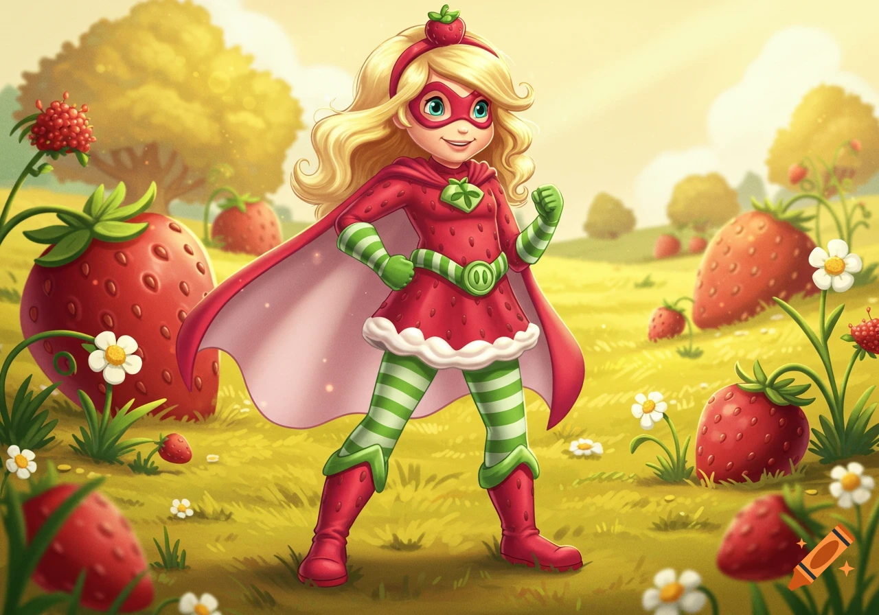 A smiling cartoon girl dressed as a strawberry-themed superhero stands in a field of giant strawberries under a bright sky.