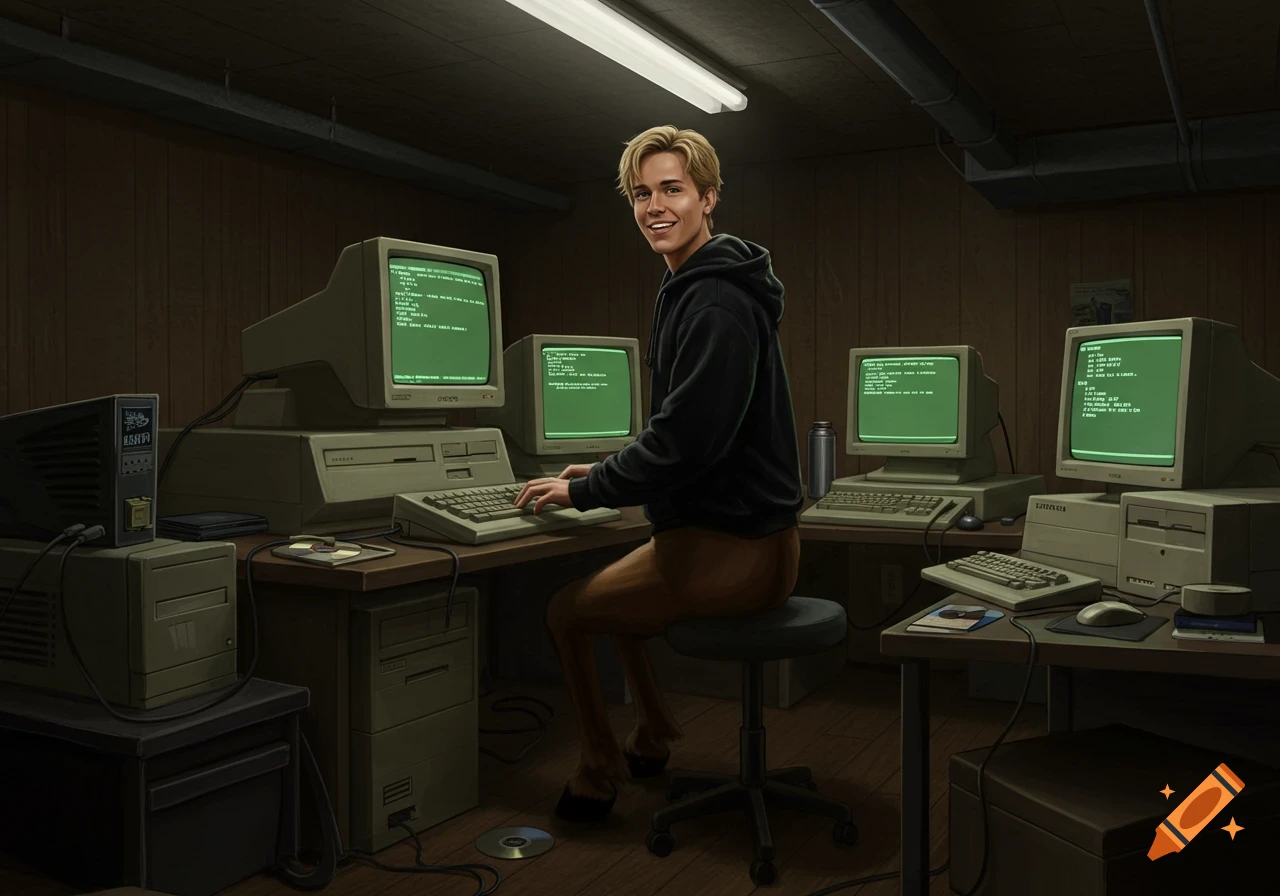 A blond centaur in a black hoodie smiles while typing on a keyboard at a desk surrounded by multiple vintage computers in a dimly lit basement.