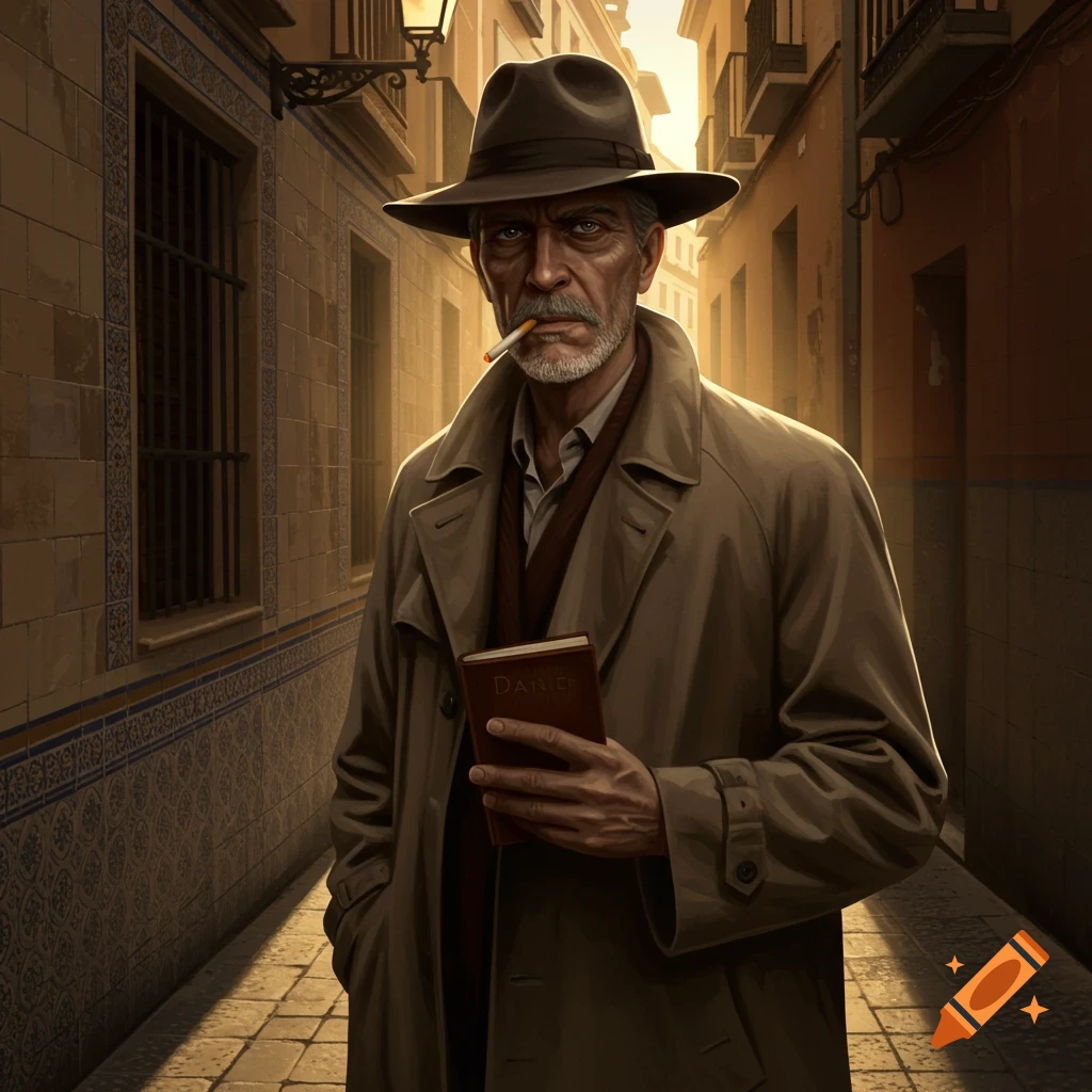 A rugged older man in a trench coat and fedora smokes a cigarette in a dark alley, holding a book.